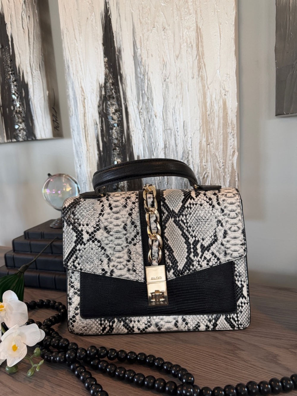 Aldo Black & White Snake-Print Top Handle Satchel with Gold Chain - Picture 12 of 12